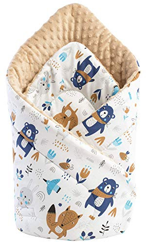 Medi Partners Einschlagdecke Steckkissen Minky 100% Baumwolle 75x75cm Babyhörnchen doppelseitig weich ganzjährig multifunktional antiallergisch Babys (Tiere im Wald mit Beige)