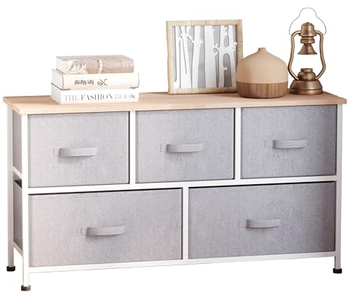 HOMCOM Commode Meuble de Rangement 100 x 30 x 54 cm 5 tiroirs Non-tissés Gris Structure Acier Blanc Bois Clair