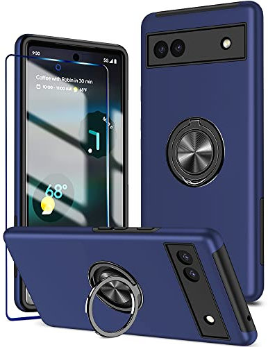 KRAFTCARE for Google Pixel 6a Case with Kickstand Ring and Screen Protector, Shockproof and Anti Scratch 360° Magnetic Ring Holder Stand Phone Cover for Google Pixel 6a - Blue