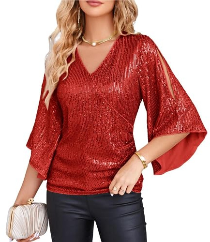 GRACE KARIN Camisa Brillante para Mujer de Manga Corta Camisa Elegante con Lentejuelas Túnica