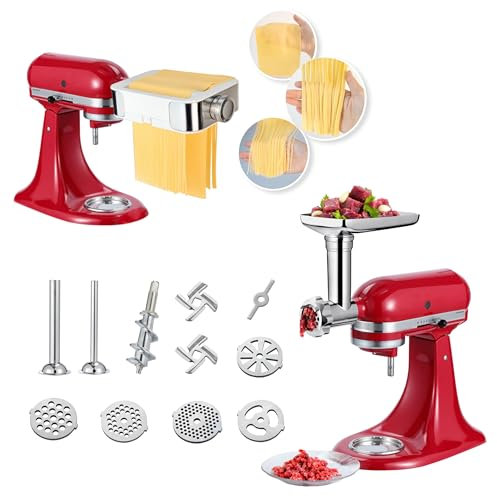 Jooke Meat Grinder Pasta Maker Attachment for Kitchenaid Stand Mixers,Set for Kitchenaid Mixer Attachments Includes Metal Food Grinder with Sausage Stuffer Tubes,3 in 1 Pasta Attachment,Dough Cutter
