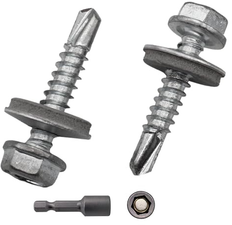 SKIR'CO (100 st) Förzinkade takskruvar 4,8 x 25 mm, sexkantshuvud, DIN 7504-K Självborrande skruvar med EPDM tätningsbrickor