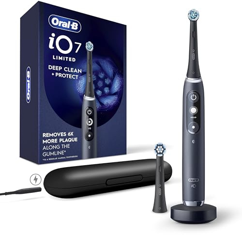 Oral-B iO Deep Clean + Protect Rechargeable Electric Toothbrush, Black, iO Series 7, 2 Replacement Brush Heads, Charging Travel Case (package may vary)