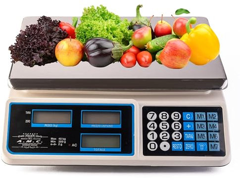 TSJESMIC - Bilancia Elettronica Digitale Da Banco, Con 7 tasti Di Memoria, Acciaio Inox, Bilancia Cucina Digitale Con 6 LCD, Peso Totale Portata Max 40 kg, Divisione 2g, MISURA: 23 x 33 x 9 cm