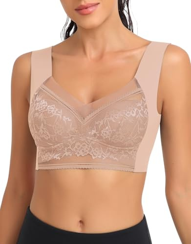 SERSARY Reggiseno Donna Pizzo Imbottito Senza Ferretto Spalla Larga Senza Cuciture Bralette Morbido Reggiseni Top Senza Ganci Comodo Reggiseno Sportivo Leggero Push Up BH,Beige,M