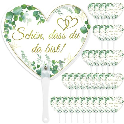 HOWAF 30 STK Fächer Hochzeit, Weiß Herzform Hochzeit Handfächer Klein Schön DASS Du Da Bist Hochzeitsfächer im Eukalyptus Design für Gastgeschenke Hochzeit Gäste Sommer Hochzeitsdeko Geburtstag Party