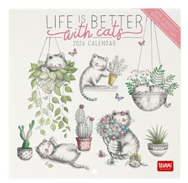 Legami - Calendrier Mural 2026, Sketchy Cats, Petit Calendrier Mural, 12 Mois et Planificateur Annuel, en Anglais, Espace pour Notes, Signes du Zodiaque, Fêtes Internationales, 18 X 18 Cm.
