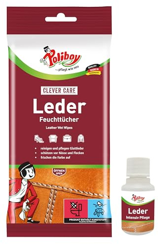 POLIBOY lädervåtservetter – för vård och rengöring av slätt läder – färguppdatering och skydd med karnaubavax – 1 x 20 handdukar – inkl. produktprov – Made in Germany