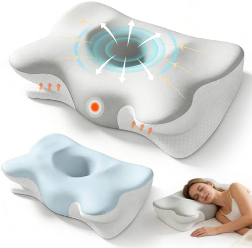 Memory Foam Pillow, Ergonomic Orthopedic Pillow for Neck and Shoulder, Neck Support Pillow for Back, Side, Stomach Sleepers ,Cooling Cervical Pillow with 2 Removable Cover, Two Adjustable Height