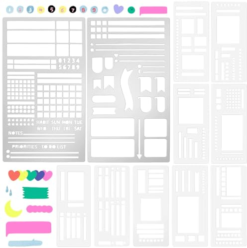 ZXBBTZ 11 PCS Plantillas Bullet Journal, Plantillas Dibujo para Planificador, Diario y Cuaderno, Plantilla de Letras y Patrones, Stencil Plantilla Creativa para Pintura, Dibujo y Scrapbooking