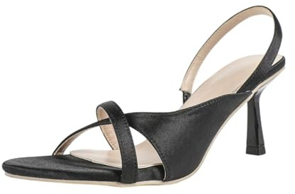 Sandali da Donna con Tacco a Forma di Gattino con Punta Tonda in Raso Nero - Décolleté con Punta Aperta e Tacco Basso per Abiti da Sera Formali,Nero,37 EU