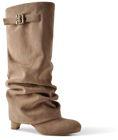 blingqueen Slouchy Knee High Wedge Boots Pull On Wedge High Heels for Women Fold Over Suede Boots Round Toe Comfort Ruched Tall Long Booties Summer Winter Women Dressy Apricot Size 6
