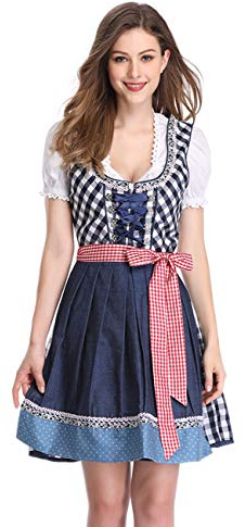 KOJOOIN Femme Robe Dirndl de Bavière Oktoberfest Set - Blouse et Tablier 3 Pièces Bluse Manches Courtes Bavarois Vêtements Damier Bleu (Mise à Niveau) M