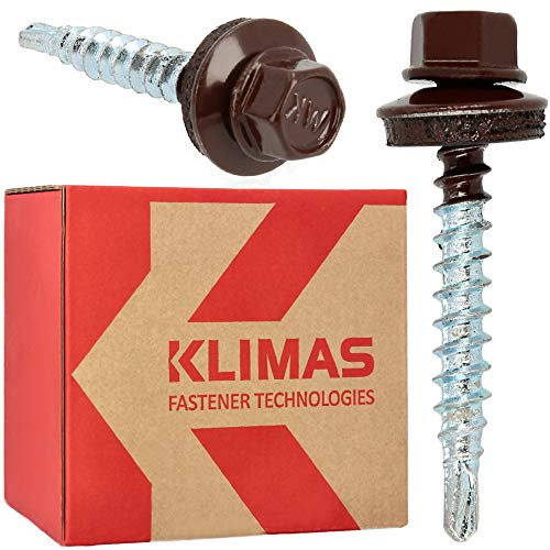 KLIMAS - Viti autofilettanti per lamiera trapezoidale, 4,8 x 35 mm, RAL8017, 250 pezzi, in acciaio inox, per tetto, viti autofilettanti, punte e guarnizioni, viti per trapano, rondella zincata