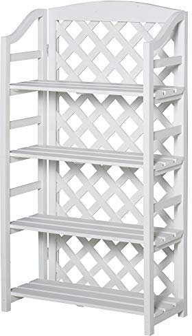 Outsunny Scaffale a fiori pieghevole, scaffale a fiori, supporti per vasi porta pianta, 4 ripiani a doghe regolabili, pannello posteriore reticolo, in legno abete pre-oliato, per interni, balcone,