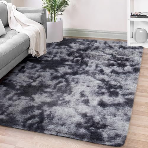 FVVRAX 120x180cm Shaggy Area Rug for Bedroom & Living Room – Machine Washable Luxury Tie-Dye Carpet, Non-Slip Fluffy Floor Mat for Cosy Homes, Nursery & Dorm Decor, Dark Grey