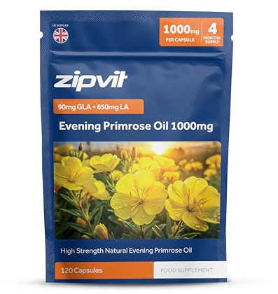 Zipvit Evening Primrose Oil 1000mg Per Capsule, High Strength Omega 6 GLA & LA, Cold Pressed, 120 Softgel Capsules, 4 Months Supply, Eco-Friendly Pouch