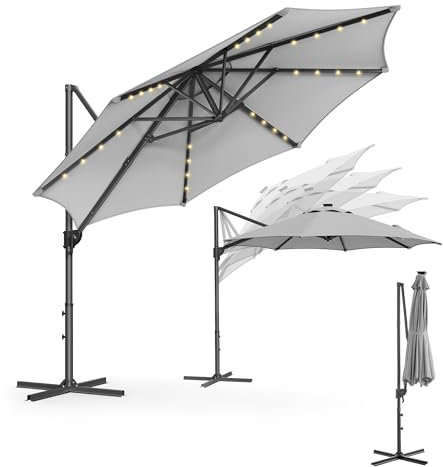 SONGMICS Sonnenschirm, Ampelschirm, 300 cm, 28 Solar-LED-Leuchten, UPF 50+, Gartenschirm, um 360° drehbar, Neigungswinkel stufenlos verstellbar, mit Kurbel, Kreuzfuß, taubengrau GPU047G11