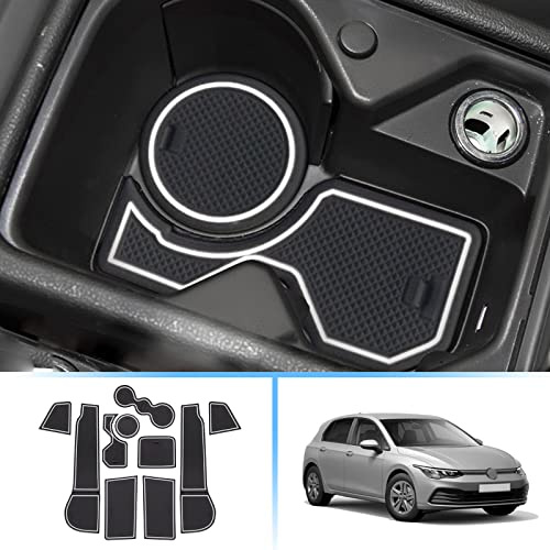 Coleya Halkfria golvmattor kompatibla med VW Golf 8 2020-2024, gummimattor för mittkonsol, mugghållare, dörrsömmar, armstöd, golf 8 tillbehör bilmatta (vit)