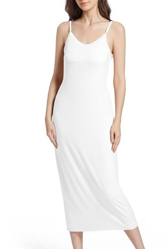 JCQIGOA Fond de Robes Longue Lingerie Femme Modal Jupon sous Robe Bretelles Slip Elégant Chemise de Nuit sans Manches Sexy Fonds de Robe Femme