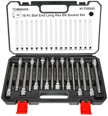 TOMMARS 16-Pc 3/8 Inch Drive Ball End Long Hex Bit Socket Set, Extra Long Allen Socket Set, CR-V and S2 Steel, SAE & Metric 1/8-3/8 in., 3-10 mm.