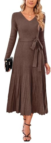 Arach&Cloz Fall Winter Womens Sweater Dress 2025 Long Sleeve V Neck Cashmere Ribbed Knit Tie Waist Pleated A Line Pullover Fashion Belt Midi Maxi Clothes Coffee Brown