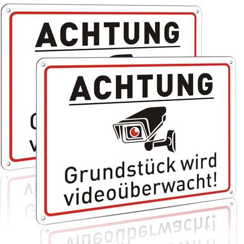 2 Schild Videoüberwachung Metall Alu, 25x18cm Achtung Videoüberwachung Schild Reflektierendes Aluminium Warnschild Kameraüberwachung,4 Bohrlöcher für den Außenbereich geeignet Weiß