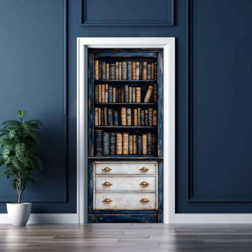workid MT-4 - Papel pintado para puerta autoadhesivo para puerta, póster para puerta, efecto 3D, para dormitorio, salón, cocina, vintage, estantería de libros, 77 x 200 cm