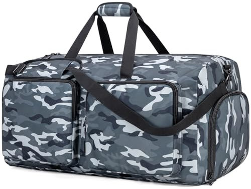 ecosmile Reisetasche für Damen und Herren, Reisetasche mit Schuhfach, Schwarz / Camouflage, 85L