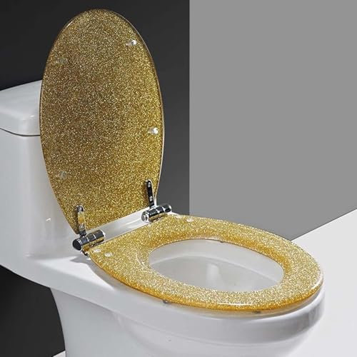 Golden Shimmer Deluxe WC-Sitzbezug mit Harz-Glitzer-Deckel und Edelstahl-Scharnieren, dekorativer stummer, langsam schließender Sitz