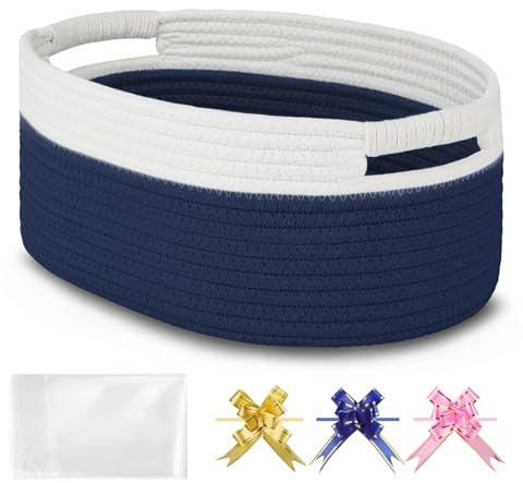 BOSROTY Small Woven Gift Basket with Bag & Ribbons, Navy Blue | Cotton Rope, 33x23x14 cm, Ideal for Kids, Women & Men, Bedroom, Living Room, Nursery & Bathroom Storage, Cat & Dog Toy Boxes