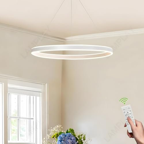 LAMPLAY Lámpara Colgante Moderna LED Redonda, 1 Anillo Blanco, Regulable Con Control Remoto 3000K-6000K, Luz De Techo, Altura Ajustable, Vestíbulo, Sala De Estar, Dormitorio, Comedor, Cocina(Ø60cm)
