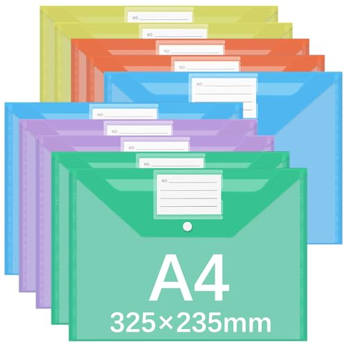 GESDYO Plastic Wallets A4-10Pack Plastic Folders with Label Pocket 5 Assorted Colours Popper Wallet A4 with Snap Button and Label for Home, Office, School and Travel