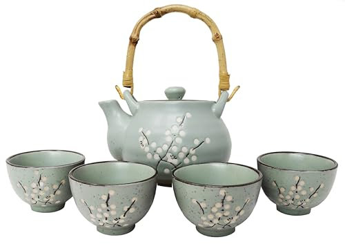 MystiCalls Service à thé japonais avec fleur de cerisier pour 4 personnes, 1 théière avec infuseur 4 tasses, coffret cadeau, cérémonie du thé, vaisselle japonaise