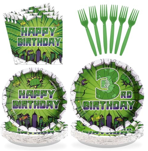 Greencian 96Pcs Green Hero 3rd Birthday Party Supplies Super Green Hero 3rd Birthday Plates and Napkins Cityscape Super Bang Cartoon Movie Tableware Set for Kid 3 Year Old Party Supplies，Serves 24