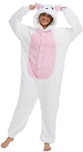 Adulto Kigurumi Pigiama Unisex Anime Animale Costume Cosplay Costume Tuta Onesies Set Pigiama Panda Biancheria da Notte Sleepwear, Gatto bianco., M