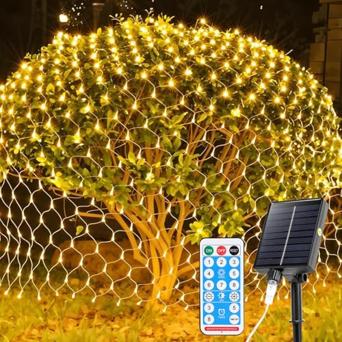 ISOISL Filet lumineux solaire festif, 3 x 2 m, 240 LED, 8 modes et minuterie par télécommande, solaire/USB, étanche IP44, pour Noël, jardin, décoration de Noël, blanc chaud