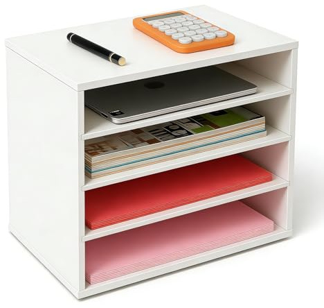 EMERIT 4-Tier Adjustable Paper Organizer, Large Capacity Desktop Organzier for Textbooks/Magazines/Office Files, Wooden Dividers, 7 lbs per Shelf, White