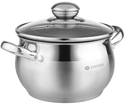 Daniks Classic Edelstahl Kochtopf Induktion mit Glasdeckel, 16 cm, 2 Liter, Suppentopf/Nudeltopf/Pastatopf, Silber