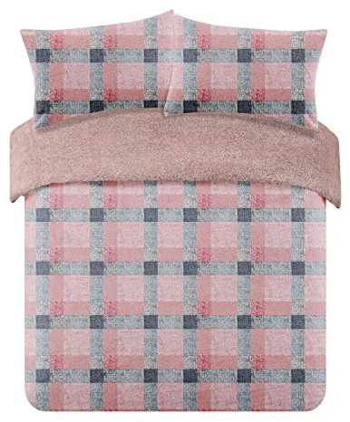Dreamscene Check Teddy Duvet Cover with Pillowcase Super Soft Fleece Fluffy Winter Tartan Bedding Set, Blush Pink Grey - Double