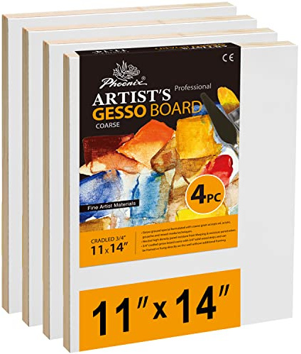 PHOENIX Gesso Boards for Painting - 11x14 Inch / 4 Pack - Coarse Surface 3/4 Inch Cradled Wood Panels for Oil & Acrylic Paints, Crafts & Pouring Art