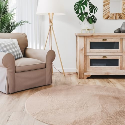 Interiyou Fargo - Teppich Wohnzimmer 200x200 cm Rund Taupe - Kurzflor Waschbar und rutschfest - Flauschiger Fellteppich aus Kunstfell - weicher Langflor Fell