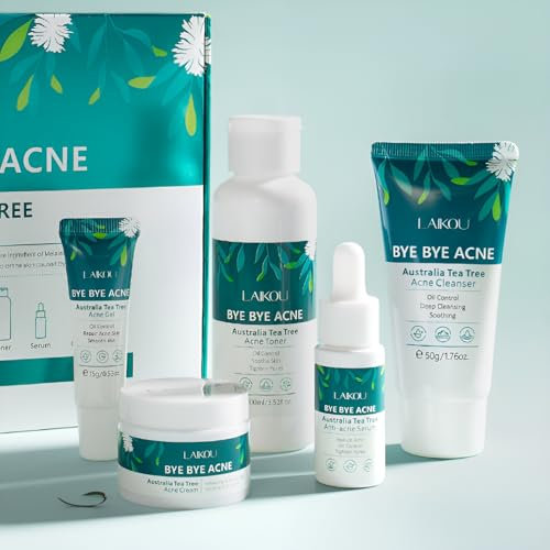 LAIKOU Teebaum Gesichtspflege Set, Hautpflegegeschenke für Teenager, 5 Stück Hautpflege Bei Akne Gesichtspflege Set, Bekämpft Akne, Entfernt überschüssiges Öl, mit Reiniger Toner Gel Serum creme