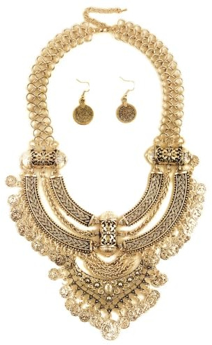 Niaspi Exaggerated Carved Coin Bib Tassel Pendant Necklace Earrings Set for Women Girls Vintage Bohemian Chunky Statement Gypsy Tribal Punk Collar Choker Necklaces Jewelry Ethnic Style Jewelry (Gold)