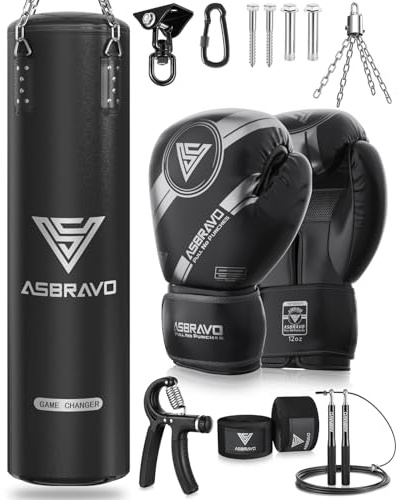 ASBRAVO Sac de Frappe pour Adultes, 120 cm PU Lourd Sac de Boxe Ensemble Gants 12 oz pour MMA, Muay Thai, Kickboxing, entraînement à Domicile, Arts Martiaux (Non rempli) - Noir