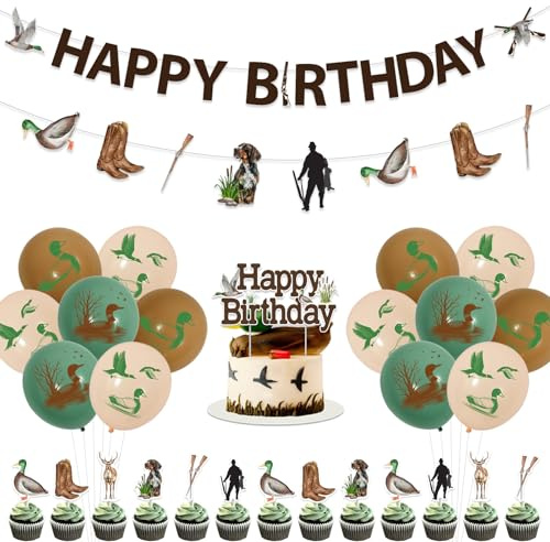 Funmemoir Decoración de cumpleaños de caza de patos, pancarta de feliz cumpleaños, guirnalda de caza de patos, decoración de tartas, globos de impresión de pato para niños y adultos, decoración de