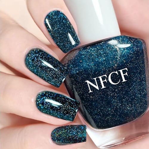Glitter Nail Polish - Dark Blue Nail Varnish - Quick Dry Nail Polish - Sparkly Blue Nail Varnish High Coverage - Natural Nail Art Manicure Salon DIY