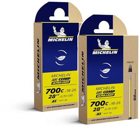 MICHELIN - Lot de 2 Chambres à air A1 AIRCOMP Ultralight - 700C x 18/25 - Valve Presta 52mm - Gamme Compétition Line - pour vélos de Route - Ultra léger - Référence CAI 422204