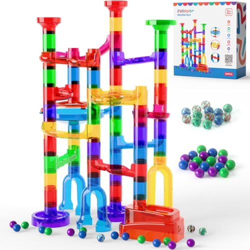 Murmelbahn 109 Stück Transparent Bahnelementen und Murmeln STEM Knobelspiele DIY Kugelbahn Logikspiele Doppelspiel Marble Rush für Kinder Jungen Mädchen Spielzeug Geschenk ab 3-12 Jahre