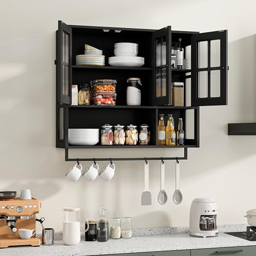 Hängskåp för kök, väggskåp med 3 glasdörrar och handdukshållare, metall och glas, medicinskap med öppen hylla, kök, badrum, 88 × 26 × 82,5 cm (svart)